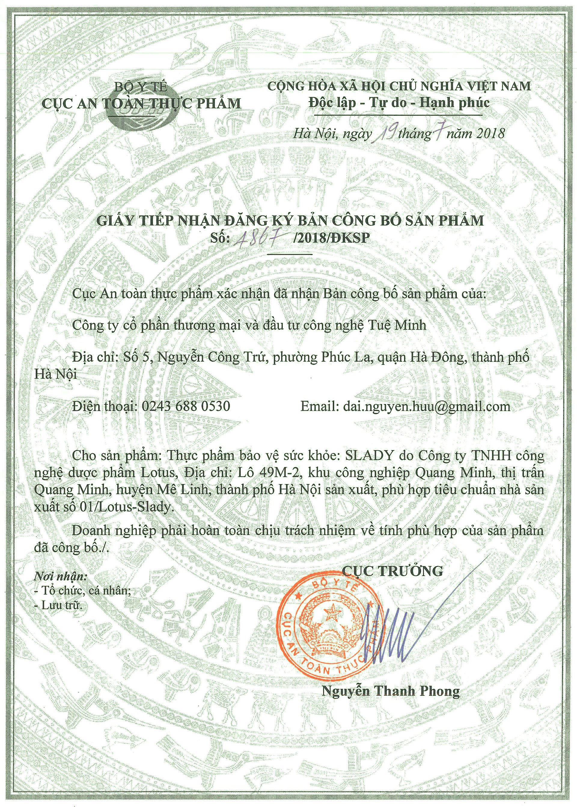 đăng ký công bố của Slady
